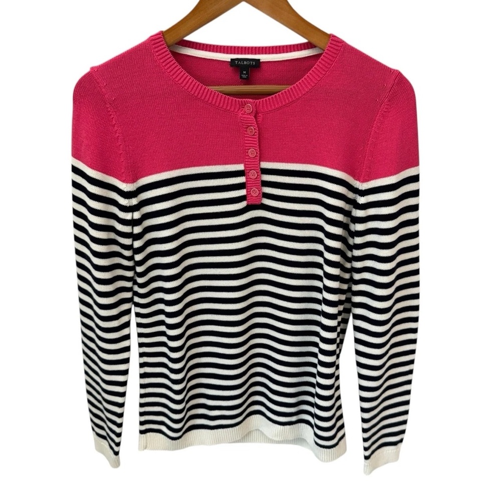 Talbots Pink and Black Striped Henley Sweater